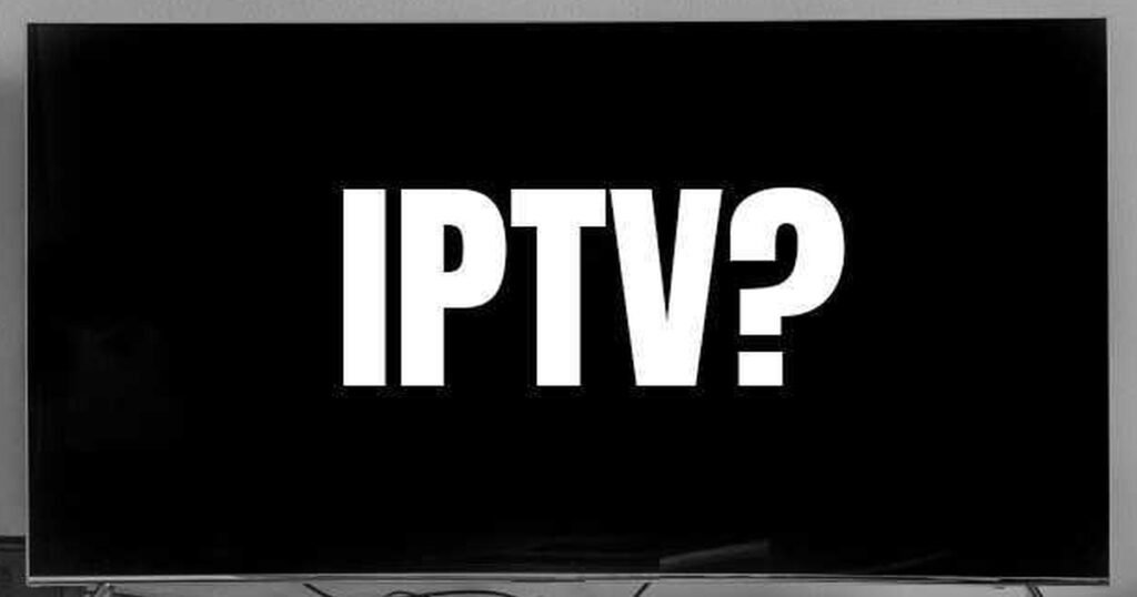 Television screen displaying the word 'IPTV' in large, bold white letters against a black background