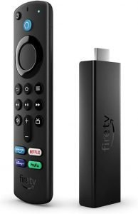 Amazon Fire TV Stick 4K streaming device and remote control with voice control buttons and dedicated app buttons for Netflix, Prime Video, Disney+, and Hulu.