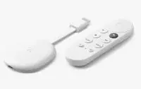 Google Chromecast with Google TV (HD) in white color, featuring a compact streaming device and remote with Google Assistant button